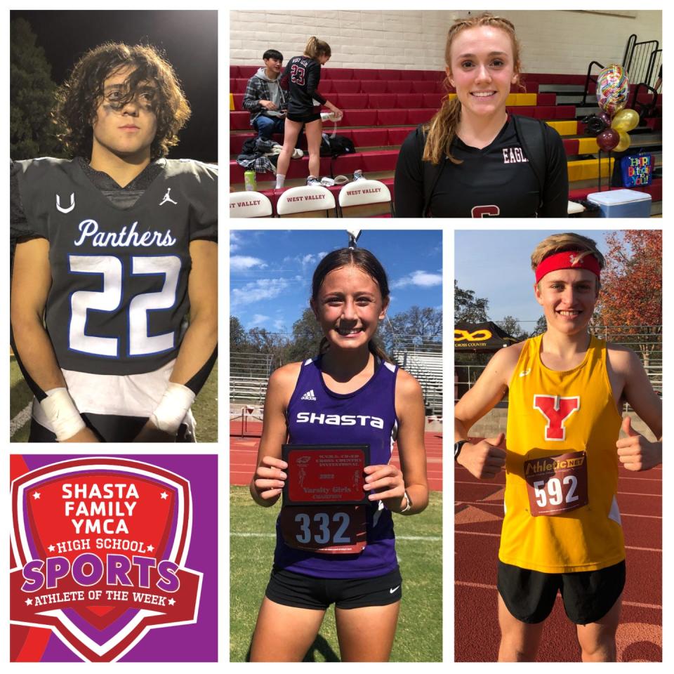 U-Prep senior running back Ryan Dyab (left), West Valley senior setter Shawnee Church (top), Shasta sophomore Elle Merrill (center) and Yreka junior Henry Baun were named the Shasta Family YMCA Athletes of the Week.