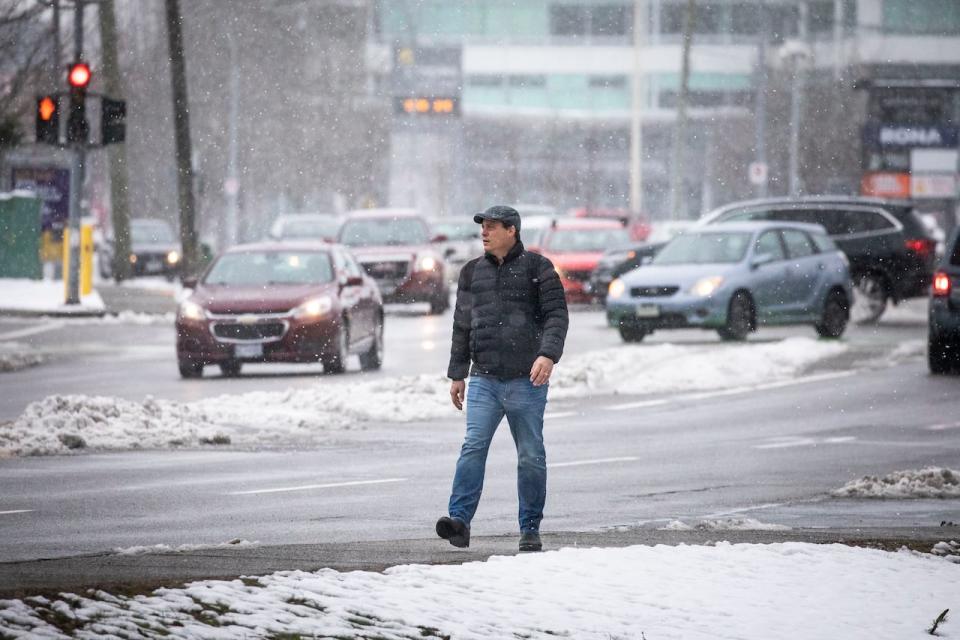 Environment Canada is warning of significant snowfall at higher altitudes along B.C.'s southern coast, in Whistler and parts of the eastern Fraser Valley near Hope starting early on Monday. Above, Abbotsford, B.C., during a snowstorm in February, 2023.  (Ben Nelms/CBC - image credit)