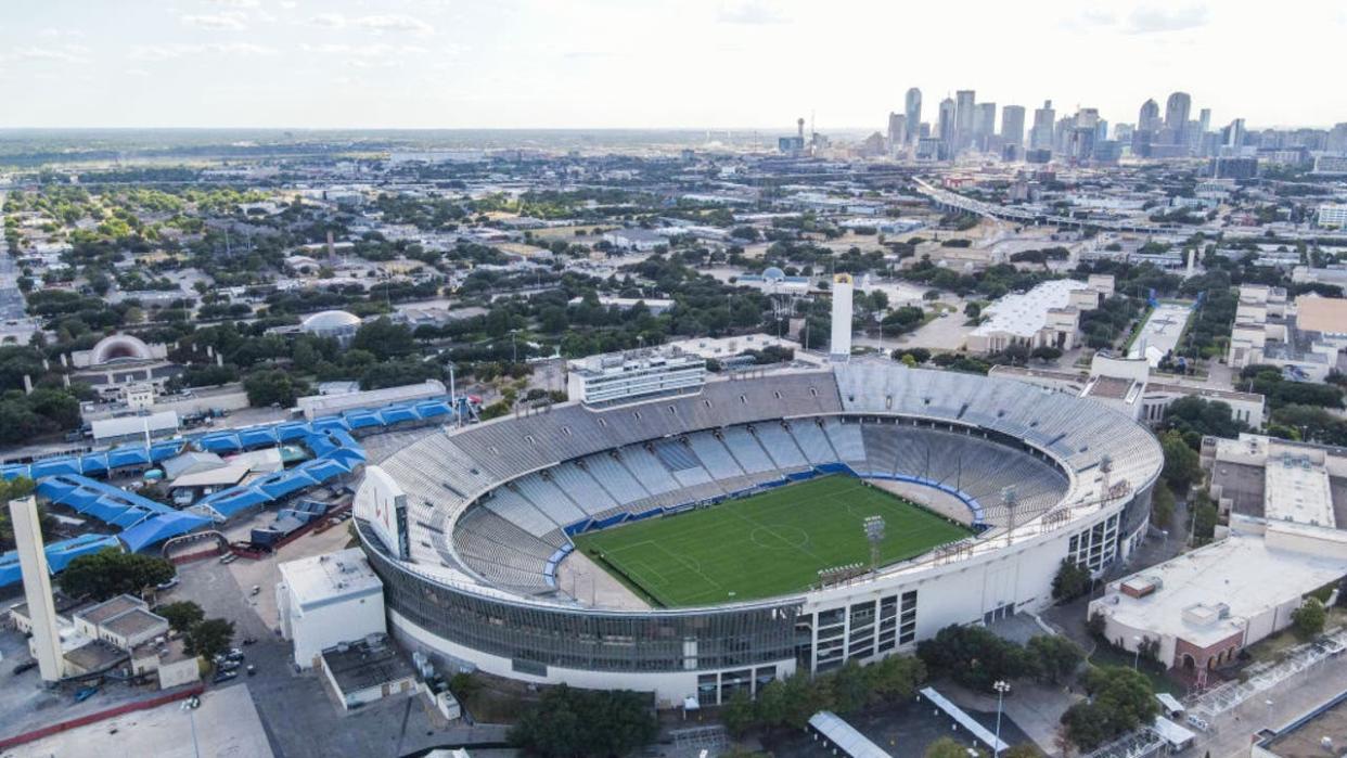 <div>DALLAS, TX - JULY 25: An aerial view of the Cotton Bowl Stadium ahead of a match between FC Barcelona and Juventus FC at Cotton Bowl on July 25, 2022 in Dallas, Texas. (Photo by Omar Vega/Getty Images)</div>