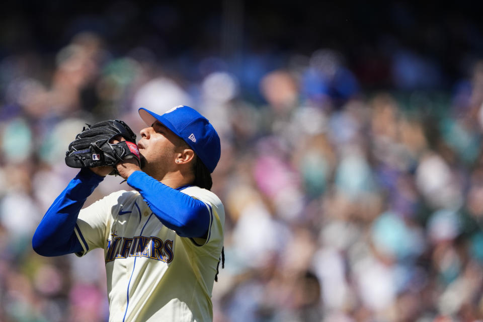 Seattle Mariners starting pitcher Luis Castillo walks off the field after facing the Oakland Athletics during the second inning of a baseball game Sunday, May 12, 2024, in Seattle. (AP Photo/Lindsey Wasson)