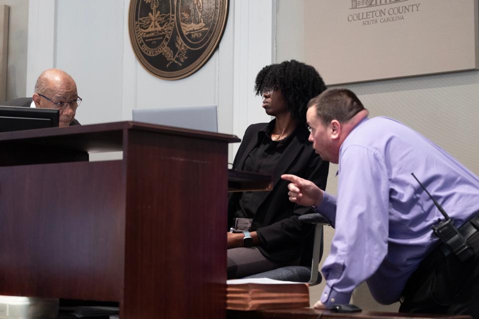 Judge Clifton Newman receives news before an evacuation sends Alex Murdaugh’s trial for murder at the Colleton County Courthouse into recess on Wednesday, February 8, 2023. Joshua Boucher/The State/Pool