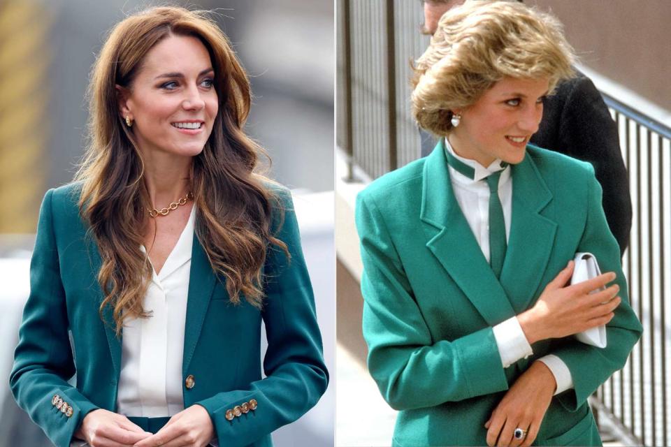 <p>Max Mumby/Indigo/Getty; Anwar Hussein/Getty </p> Kate Middleton and Princess Diana in green tailored suits