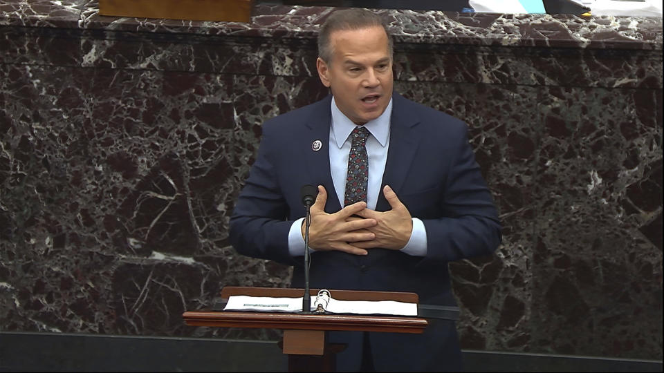 In this image from video, House impeachment manager Rep. David Cicilline, D-R.I., speaks during the second impeachment trial of former President Donald Trump in the Senate at the U.S. Capitol in Washington, Thursday, Feb. 11, 2021. (Senate Television via AP)