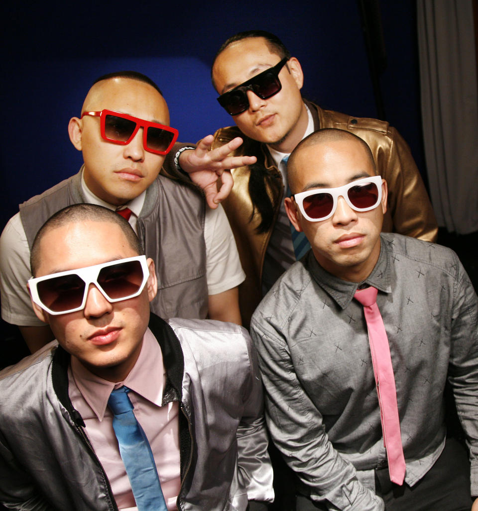 FILE - In a Tuesday, Oct. 12, 2010 file photo, the band "Far East Movement" clockwise from top left, Prohgress, J-Splif, DJ Virman and Kev Nish, pose for a portrait in New York. The group's latest album, "Dirty Bass," is set for release on June 5, 2012. (AP Photo/Jeff Christensen, File)