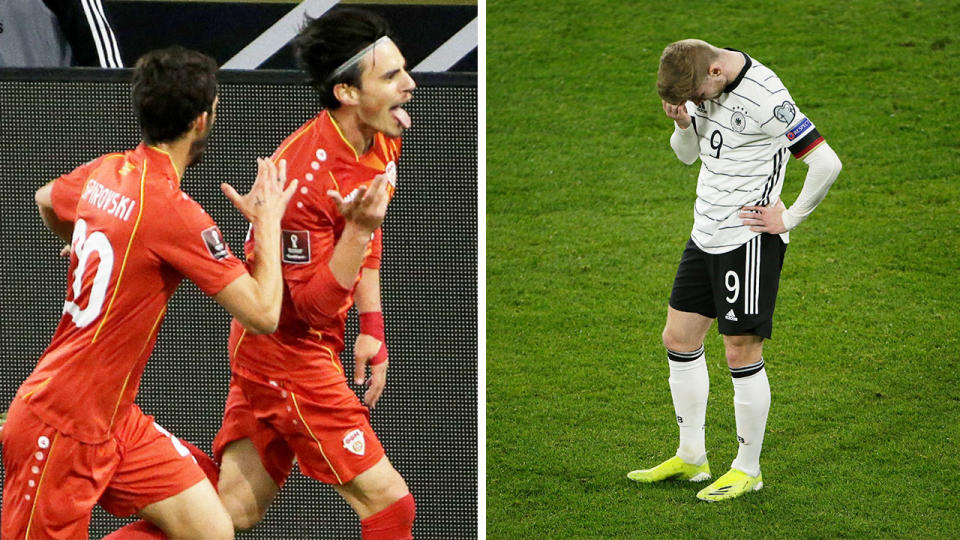 North Macedonia's Elfig Elmas (pictured left) celebrates a goal and (pictured right) Timo Werner looking upset.