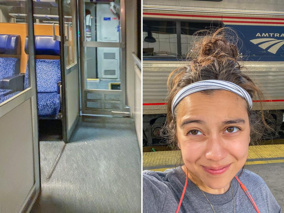 The author walks around a sleeper train in Berlin in October 2022 (L) and stretches her legs during a long stop on a 30-hour train ride from Miami to NYC in October 2021 (R).