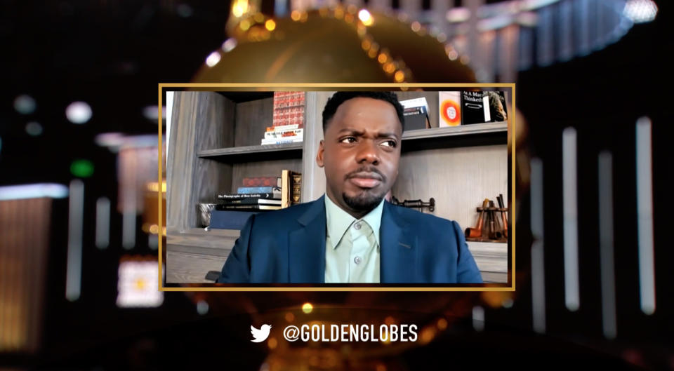 UNSPECIFIED: 78th Annual GOLDEN GLOBE AWARDS -- Pictured in this screengrab released on February 28, (l-r) Daniel Kaluuya, winner of Best Actor in a Supporting Role in Any Motion Picture for “Judas and the Black Messiah”, speaks during the 78th Annual Golden Globe Awards broadcast on February 28, 2021. -- (Photo by NBC/NBCU Photo Bank via Getty Images)