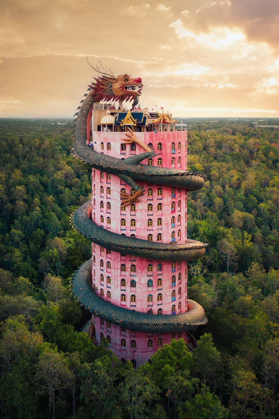 Aerial view of Wat Samphran Temple in Nakhon Pathom, Thailand.