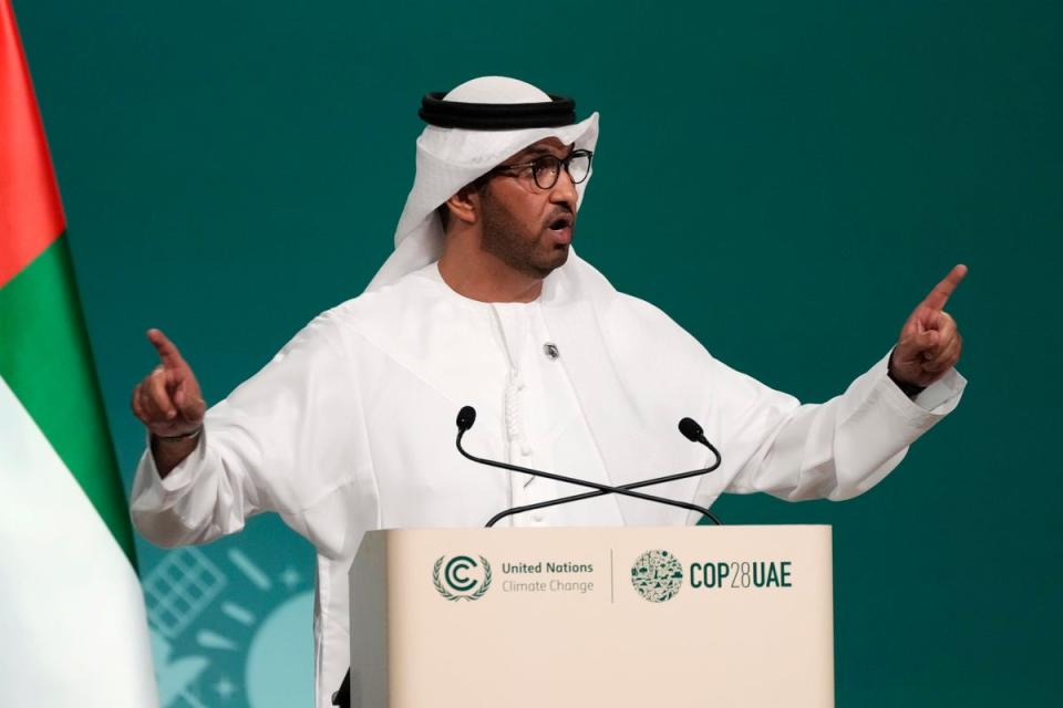 Cop28 president Sultan al-Jaber at the opening session in Dubai on Thursday (AP)