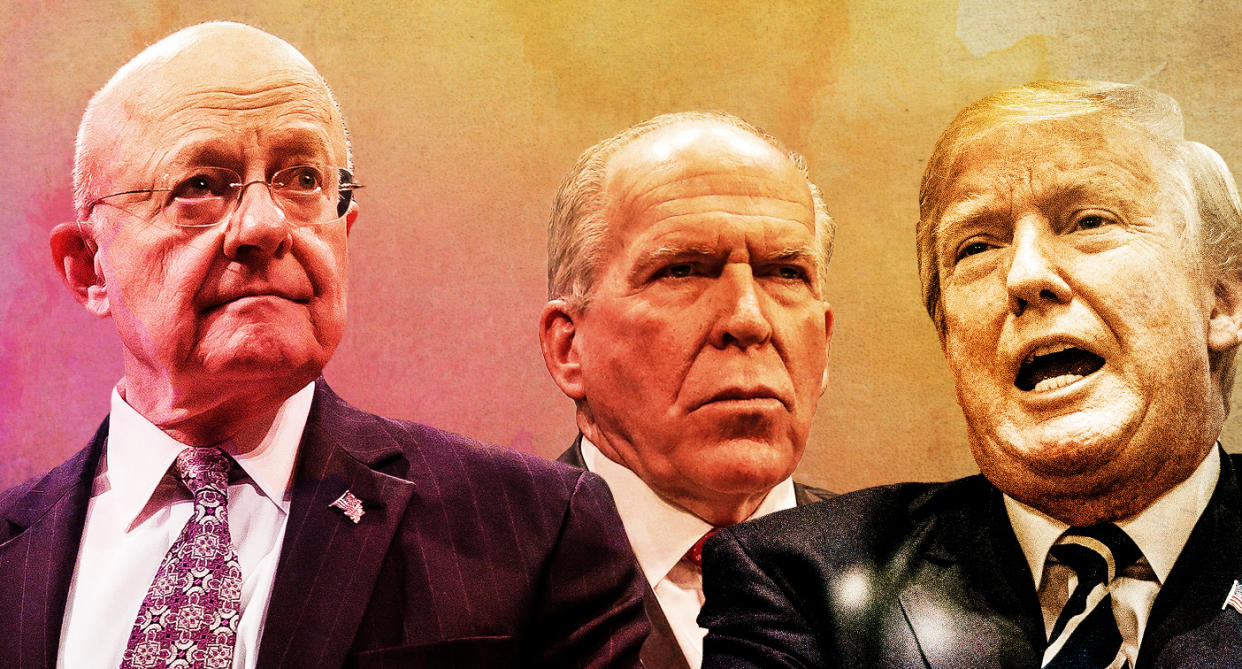 James Clapper (left) suggested that the strong criticism of President Trump by former CIA director John Brennan (center), has overshadowed the real threat to U.S. institutions. (Yahoo News photo Illustration; photos: AP, Getty)