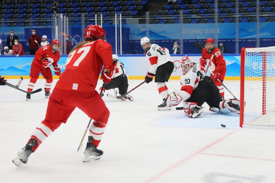 Maria Pechnikova  of Team ROC takes a shot on goal against Andrea Braendli of Team Switzerland during their Women’s Preliminary Round Group A match (Getty Images)