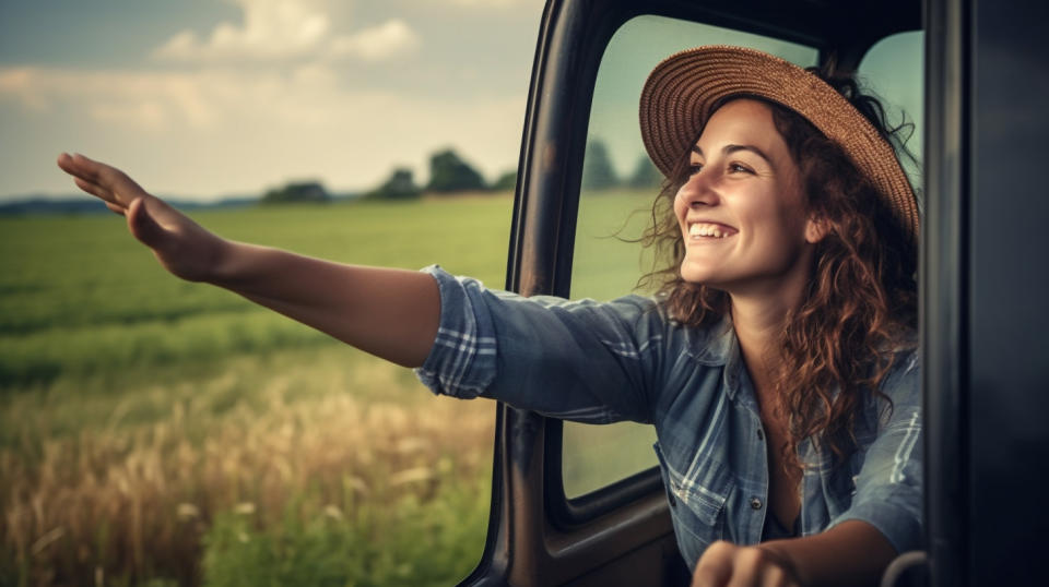 A truck driver with her arm out of the window, enjoying a journey in the countryside. .