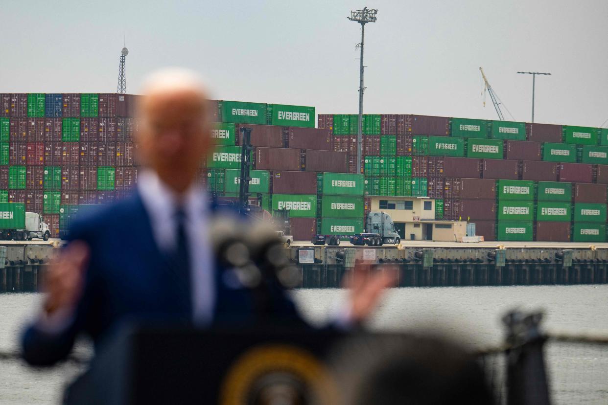 US President Joe Biden speak about the economy and inflation from the deck of the USS Iowa at the Port of Los Angeles on June 10, 2022. (Photo by JIM WATSON/AFP via Getty Images)