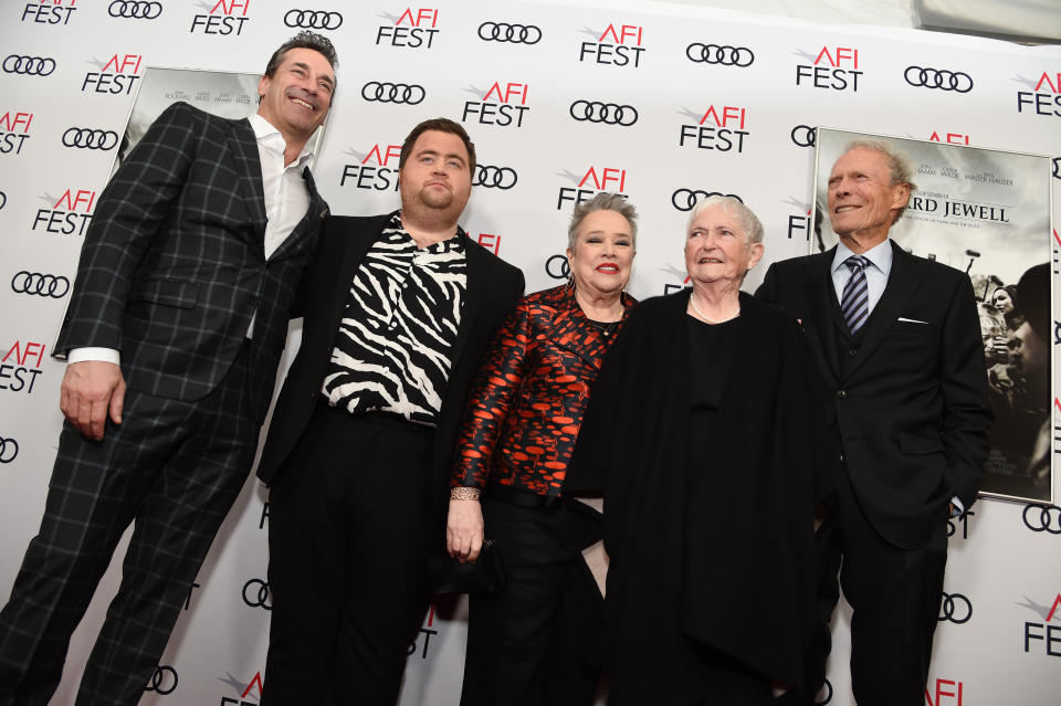 HOLLYWOOD, CALIFORNIA - NOVEMBER 20: (L-R) Jon Hamm, Paul Walter Hauser, Kathy Bates, Barbara "Bobi" Jewell, and Clint Eastwood attends the "Richard Jewell" premiere during AFI FEST 2019 Presented By Audi at TCL Chinese Theatre on November 20, 2019 in Hollywood, California. (Photo by Michael Kovac/Getty Images for AFI)