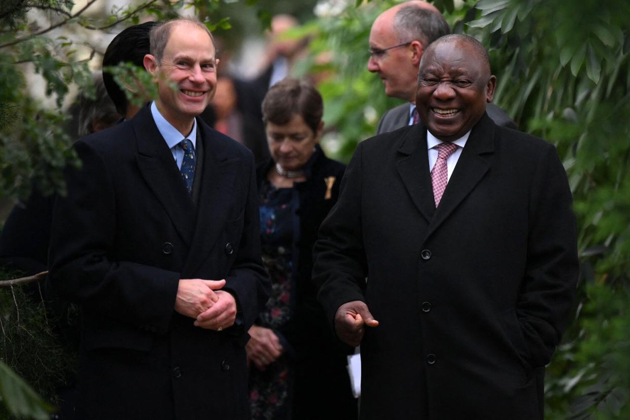 Prince Edward, Earl of Wessex and President of South Africa Cyril Ramaphosa laugh during a visit to the Royal Botanic Gardens, Kew
