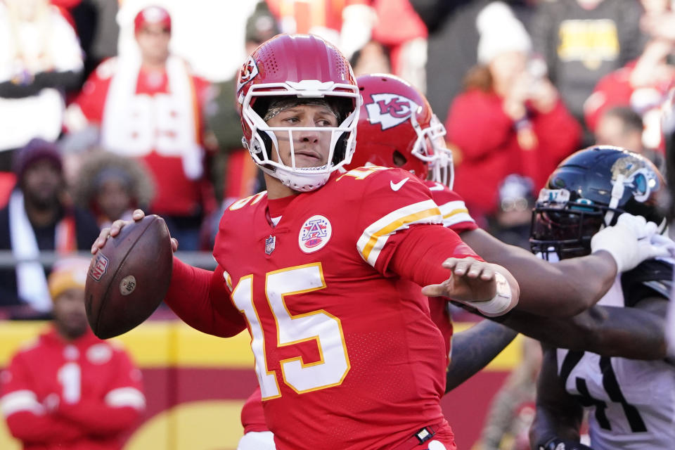 Nov 13, 2022; Kansas City, Missouri, USA; Kansas City Chiefs quarterback Patrick Mahomes (15) throws a pass against the <a class="link " href="https://sports.yahoo.com/nfl/teams/jacksonville/" data-i13n="sec:content-canvas;subsec:anchor_text;elm:context_link" data-ylk="slk:Jacksonville Jaguars;sec:content-canvas;subsec:anchor_text;elm:context_link;itc:0">Jacksonville Jaguars</a> during the second half of the game at GEHA Field at Arrowhead Stadium. Mandatory Credit: Denny Medley-USA TODAY Sports