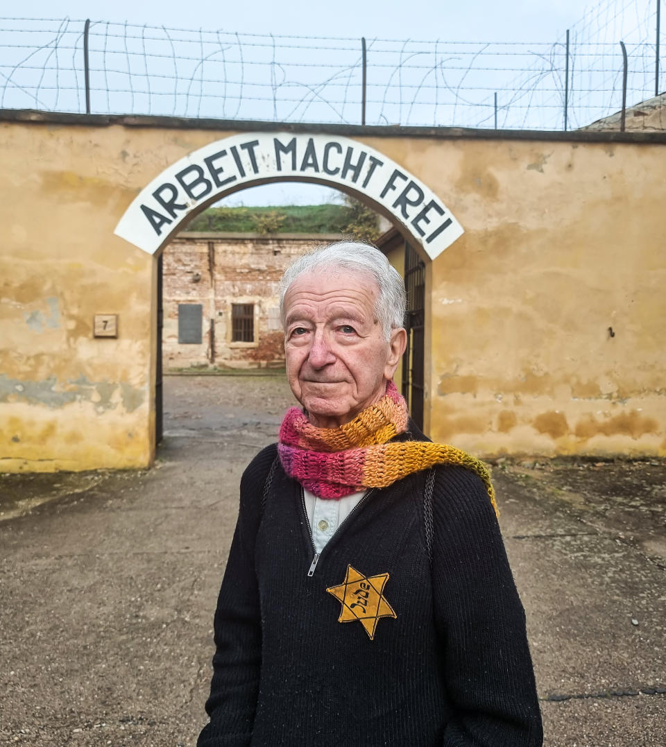 Gidon Lev at the gates to the courtyard of the small fortress of Theresienstadt, a Concentration camp in the Czech Republic, on Oct. 24, 2022 (Gidon Lev & Julie Gray)