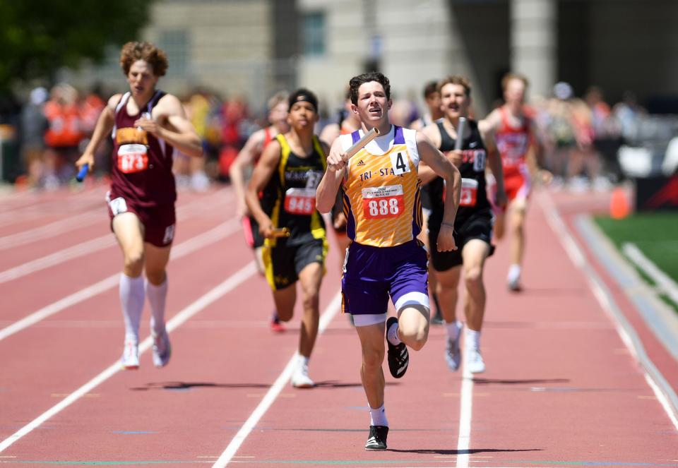 Tri-State's Kaleb Foltz runs to the finish line as the anchor of the medley relay in the final day of the state track meet on Saturday, May 28, 2022, Howard Wood Field in Sioux Falls.
