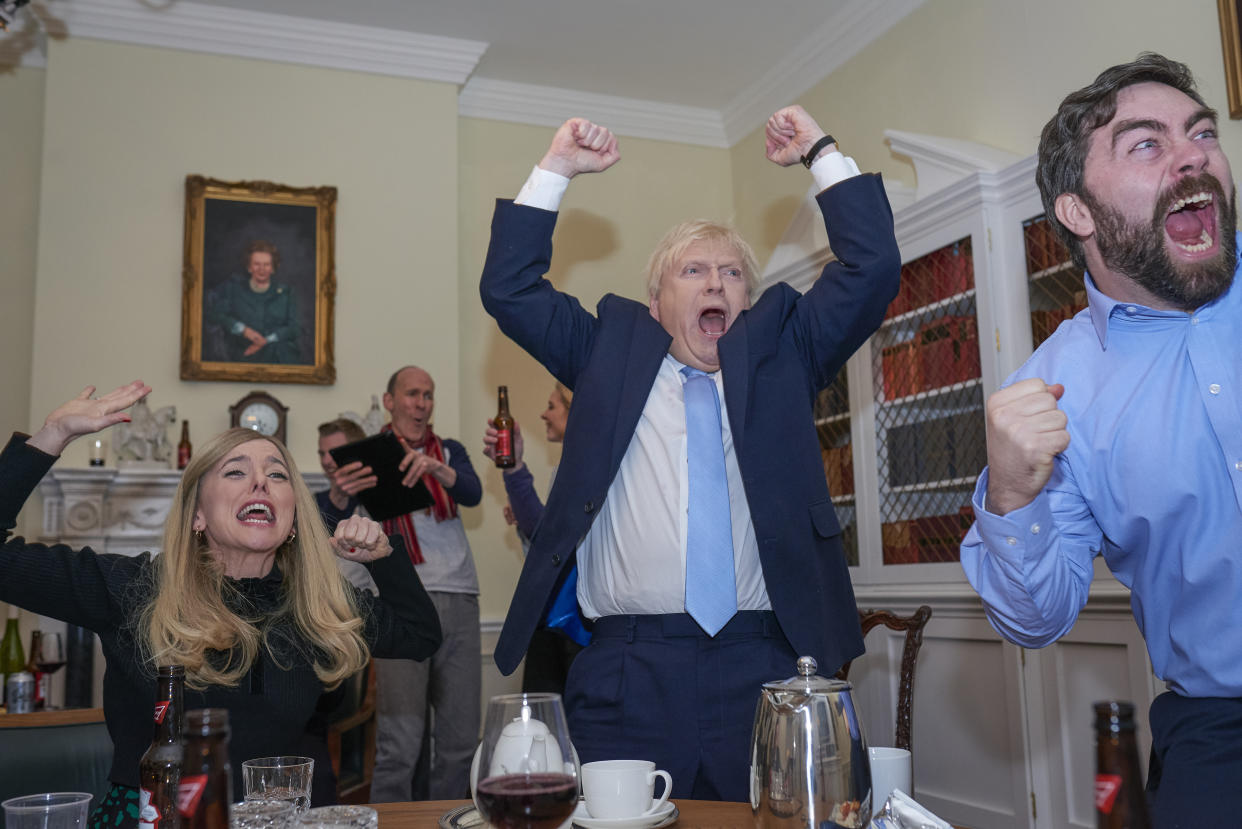 This England: Boris Johnson celebrates winning the 2019 General Election as Covid-19 emerges in Asia and Europe. (Sky) 