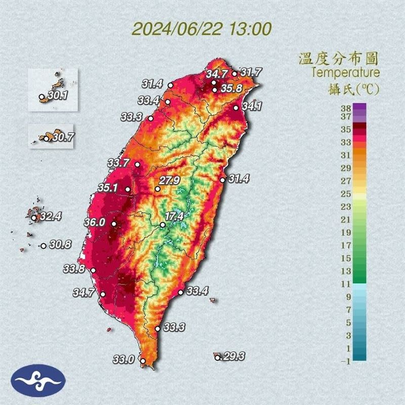 今日持續受高壓籠罩，天氣炎熱氣溫狂飆。（圖／翻攝自台灣颱風論壇｜天氣特急）