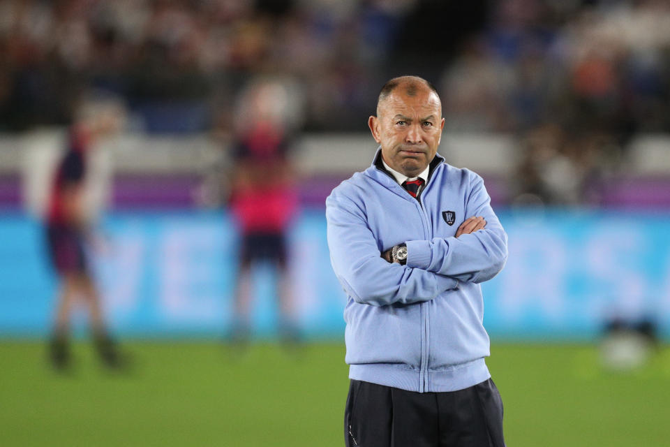 YOKOHAMA, JAPAN - NOVEMBER 02: England Head Coach Eddie Jones looks on during the pre match warm up ahead of the Rugby World Cup 2019 Final between England and South Africa at International Stadium Yokohama on November 2, 2019 in Yokohama, Kanagawa, Japan. (Photo by Craig Mercer/MB Media/Getty Images )