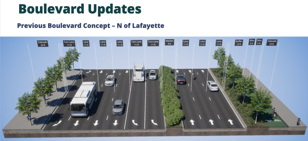 A screenshot of a Michigan Department of Transportation presentation shows a prior proposal for nine lanes for the boulevard that would replace Interstate 375 in Detroit. The department has presented a revised proposal with fewer lanes.