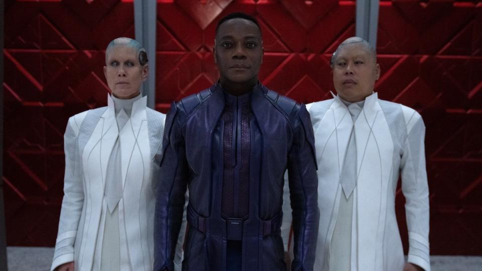 The High Evolutionary flanked by two servants wearing white in Guardians of the Galaxy Vol. 3