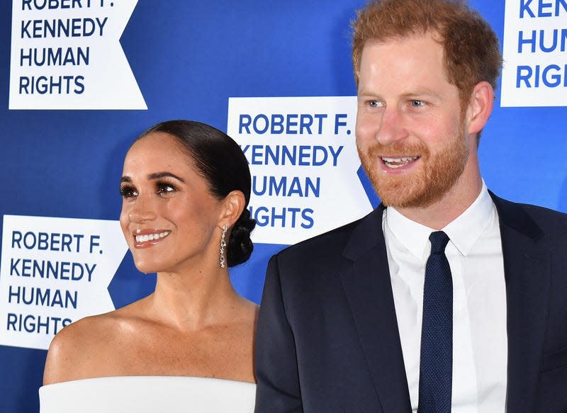 Prince Harry, Duke of Sussex, right; and Meghan, Duchess of Sussex, arrive at the 2022 Robert F. Kennedy Human Rights Ripple of Hope Award Gala in New York City on December 6, 2022. 