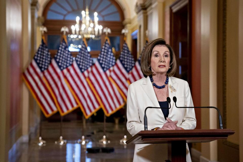 PHOTO: House Speaker Nancy Pelosi, a Democrat from California, makes a statement in the Speaker's Balcony Hallway at the U.S. Capitol in Washington, D.C., on Dec. 5, 2019. (Andrew Harrer/Bloomberg via Getty Images, FILE)