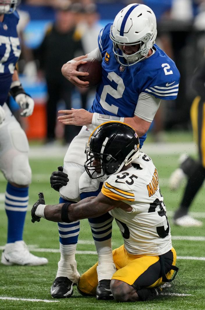 Pittsburgh Steelers cornerback Arthur Maulet (35) sacks Indianapolis Colts quarterback Matt Ryan (2) Monday, Nov. 28, 2022, during a game against the Pittsburgh Steelers at Lucas Oil Stadium in Indianapolis.