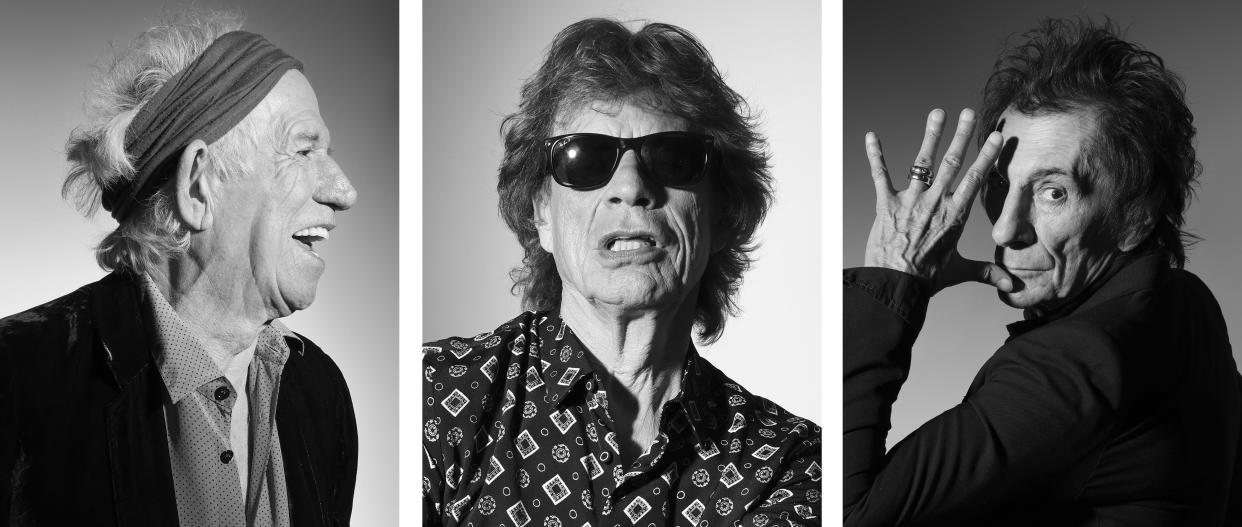 En un tríptico de tres fotografías, de izquierda a derecha: Keith Richards, Mick Jagger y Ronnie Wood de The Rolling Stones, en Nueva York, en agosto de 2023. (Thea Traff/The New York Times).