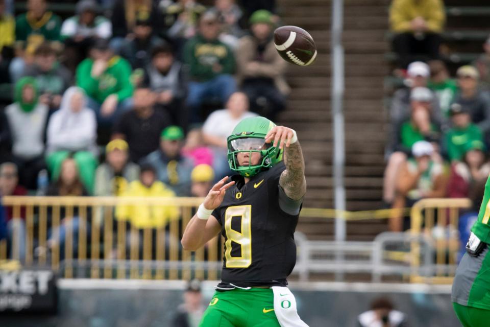 Oregon quarterback Dillon Gabriel throws the ball during the Oregon Ducks spring game, Saturday, April 27, 2024, at Autzen Stadium in Eugene, Oregon.