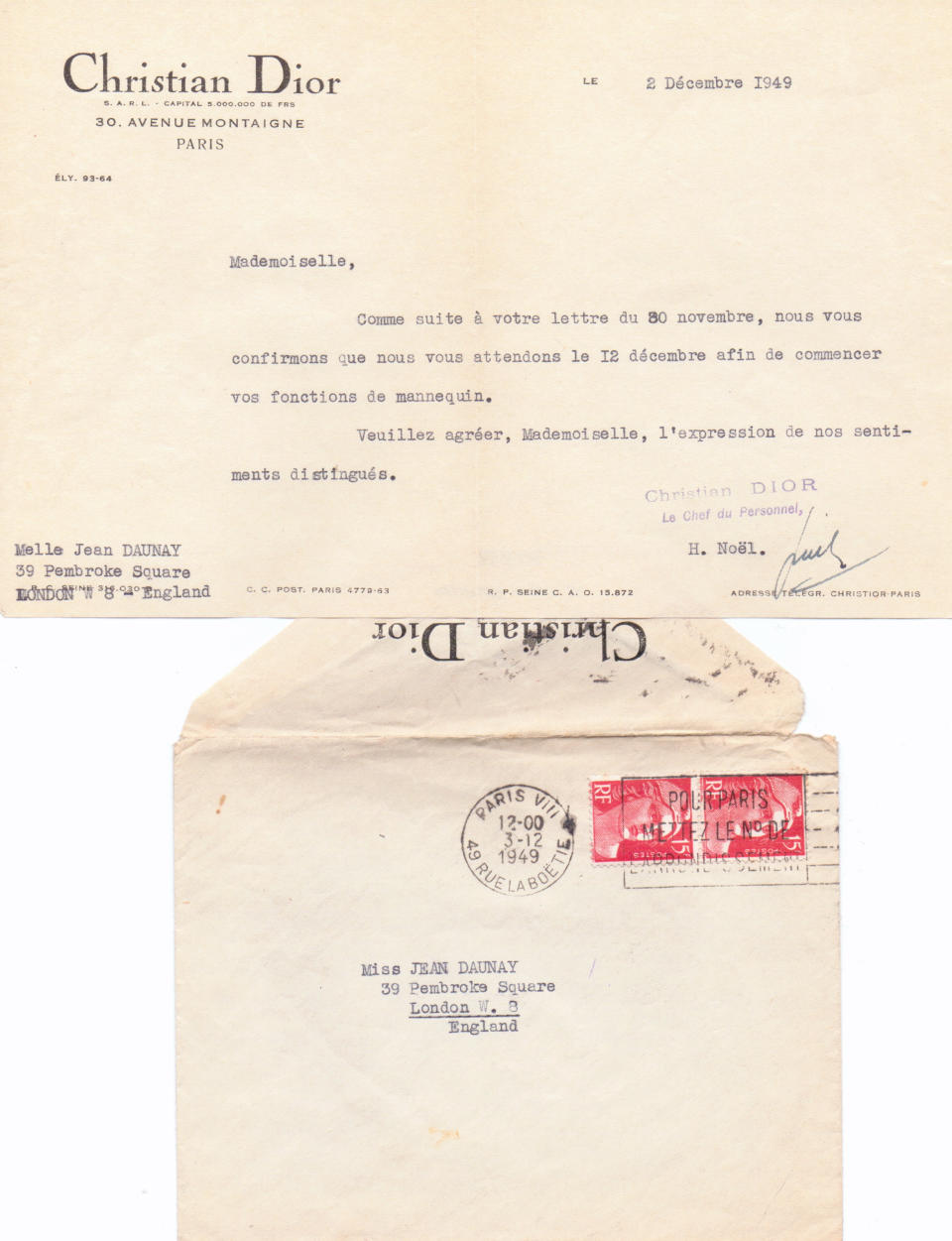 This image made available by The Estate of Jean Dawnay shows a copy of Jean Dawnay’s 1949 Christian Dior contract. Before there were supermodels, there were ``mannequins’’ _ living, breathing women who played an active role in designing haute couture by standing very, very still. Designers and artisans would pin, prod or tuck fabric and toiles to the mannequins to bring sketches and ideas to life. In 1950, one such mannequin, the British model Jean Dawnay, went to work full-time in Paris at the fashion house of Christian Dior. (The Estate of Jean Dawnay via AP)