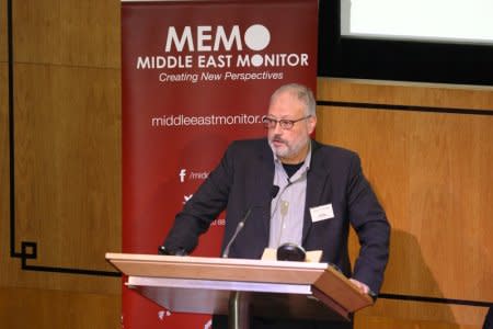 FILE PHOTO: Saudi dissident Jamal Khashoggi speaks at an event hosted by Middle East Monitor in London Britain, September 29, 2018.    Middle East Monitor/Handout via REUTERS/File Photo