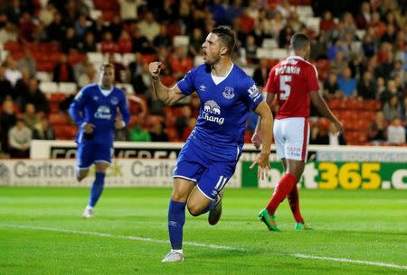 Football - Barnsley v Everton - Capital One Cup Second Round - Oakwell - 26/8/15 Kevin Mirallas celebrates after scoring the first goal for Everton Mandatory Credit: Action Images / Lee Smith Livepic