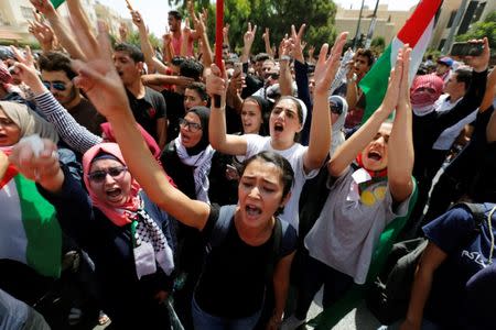 Protestors chanting slogans during a demonstration near the Israeli embassy in Amman, Jordan July 28, 2017. REUTERS/Muhammad Hamed