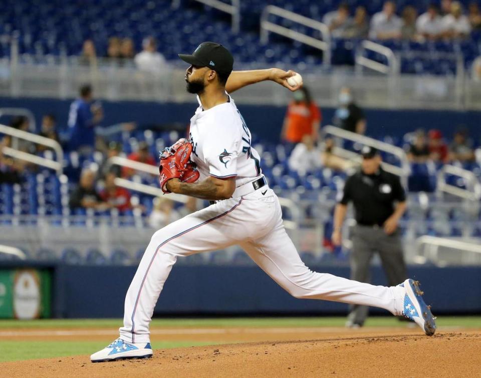 Miami Marlins pitcher Sandy Alcantara (22) in the first inning as they play the Toronto Blue Jays at loandepot park in Miami, Florida, June 22, 2021.