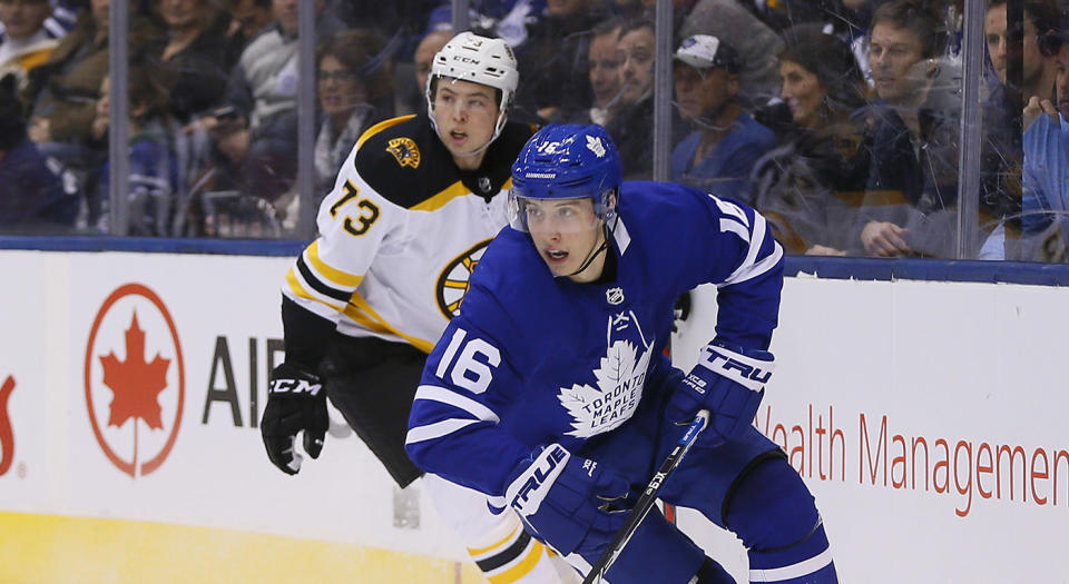 Marner (16) and McAvoy are two of the big NHL stars waiting on new contracts. (John E. Sokolowski-USA TODAY Sports)