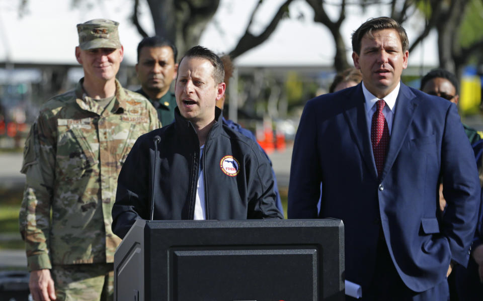 Director of Florida's Division of Emergency Management Jared Moskowitz alongside Florida Gov. Ron DeSantis talks to media during press conference at the Broward County mobile testing at CB Smith Park in Pembroke Pines on Thursday, March 19, 2020. (David Santiago/Miami Herald/TNS via Getty Images)