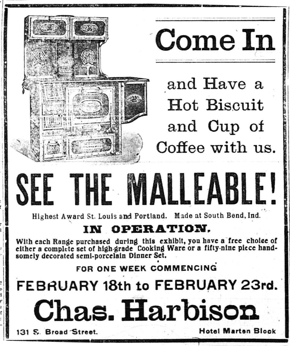 Charles Harbison was selling steel ranges in his store at 131 S. Broad St. when this ad appeared in the Feb. 15, 1907 Daily Eagle.