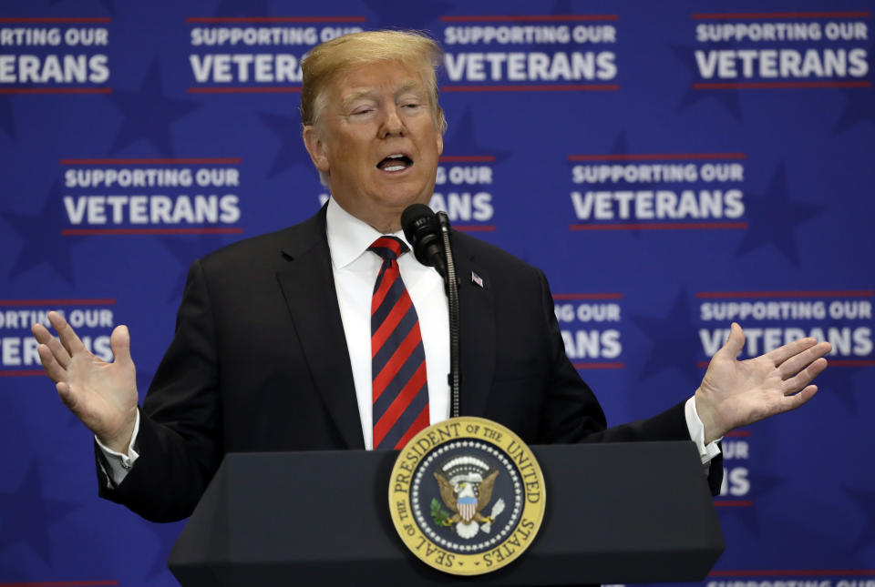 President Donald Trump speaks at a spending bill signing ceremony at VA Southern Nevada Healthcare System, Friday, Sept. 21, 2018, in Las Vegas. (AP Photo/Evan Vucci)