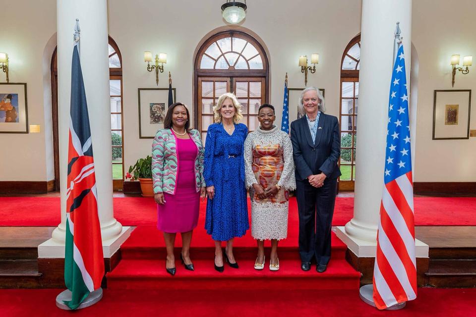 U.S. First Lady Jill Biden (2nd L) poses for a photo with the First Lady of Kenya Rachel Ruto (2nd R) in Nairobi, Kenya on February 24, 2023