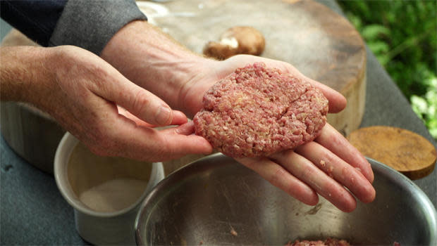 Shaping the steak patties. / Credit: CBS News