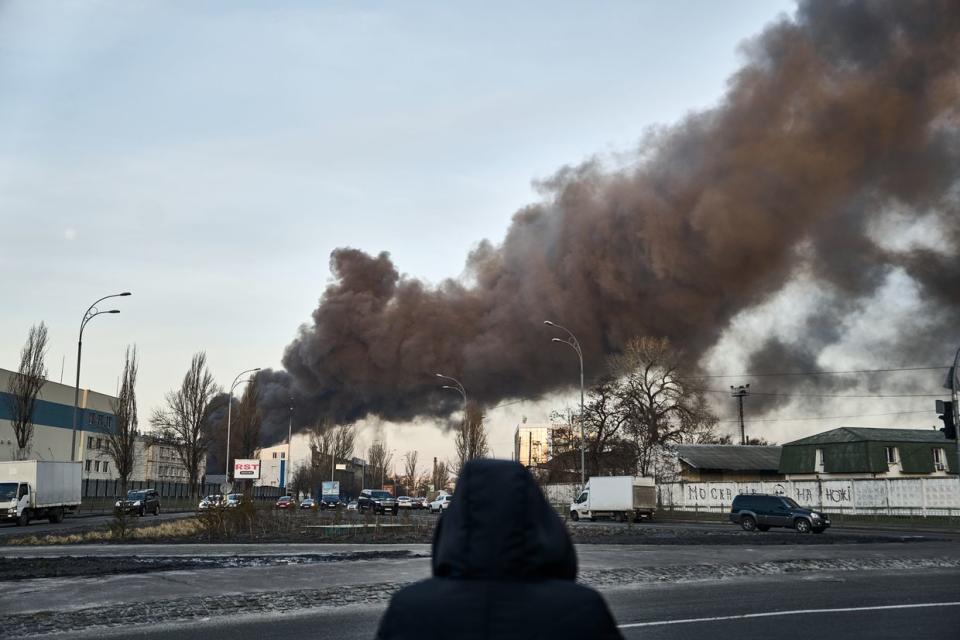 The city is filled with smoke after Russia attacked the capital with missiles and drones on Dec. 29, 2023. (Kostiantyn Liberov/Libkos/Getty Images)