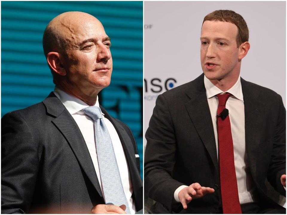 Jeff Bezos und Mark Zuckerberg setzen voll auf Raumfahrt und Fluchtbunker. - Copyright: AP Photo/Lefteris Pitarakis/REUTERS/Andreas Gebert