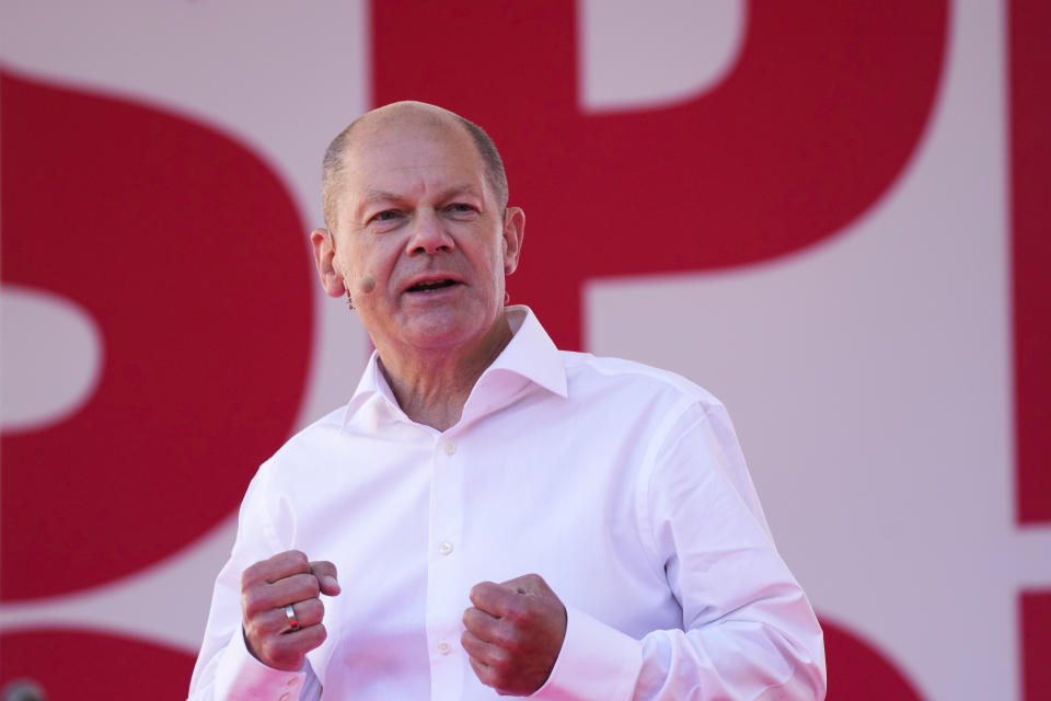 FILE - In this Friday, Aug. 27, 2021 file photo, Germany's Social Democratic Party candidate for chancellor in the upcoming national elections Olaf Scholz speaks during an election campaign event in Berlin, Germany. National election take place in Germany on Sept. 26, 2021. Germany's election campaign has largely focused on the three candidates hoping to succeed Angela Merkel as chancellor after four terms in office, Annalena Baerbock for the Greens, Armin Laschet for the Christian Union parties and Olaf Scholz for the Social Democrats. German elections will be on Sept.26. (AP Photo/Markus Schreiber, Pool, File)