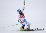 Austria's Nicole Hosp reacts in the finish area after competing in the slalom run of the women's alpine skiing super combined event during the 2014 Sochi Winter Olympics at th Rosa Khutor Alpine Center February 10, 2014. REUTERS/Leonhard Foeger (RUSSIA - Tags: OLYMPICS SPORT SKIING)