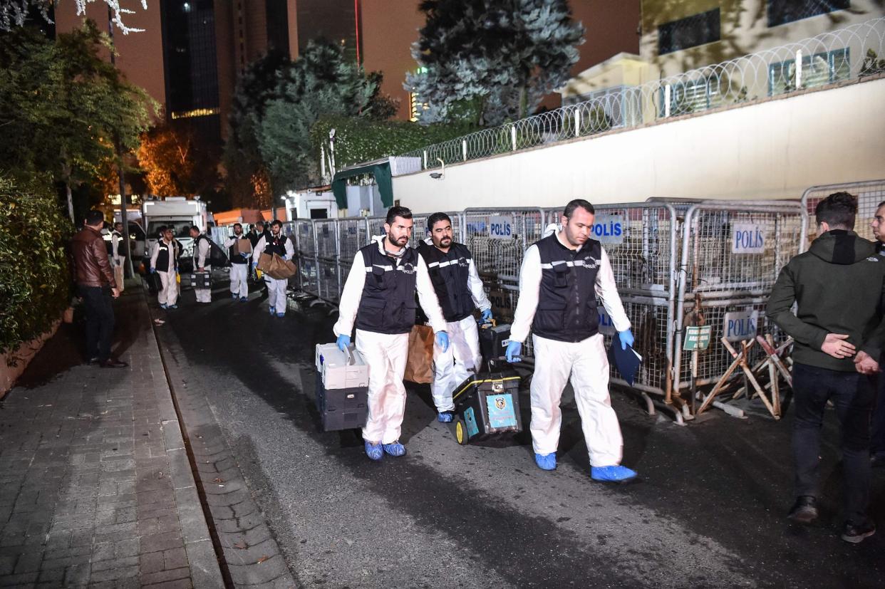 Turkish forensic police officers leave after gathering evidence at the Saudi Arabian consulate in Istanbul: AFP/Getty Images