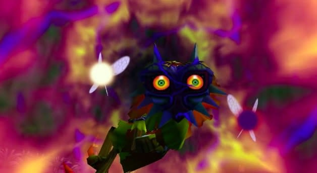 Trailer image of Majora's Mask, featuring link in the title purple mask