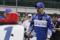 Tony Kanaan, of Brazil, waits to drive during qualifications for the Indianapolis 500 auto race at Indianapolis Motor Speedway, Saturday, May 21, 2022, in Indianapolis. (AP Photo/Darron Cummings)